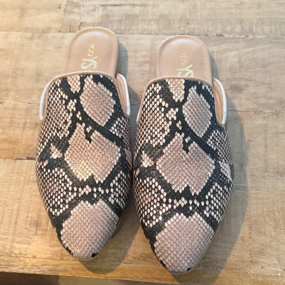Yosi Samra Black and Tan Snake Print Mules